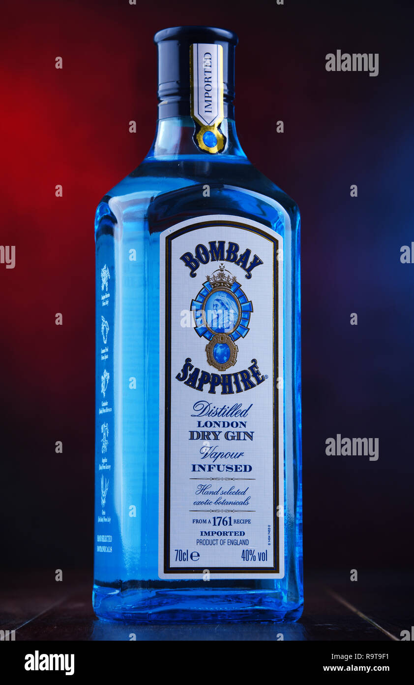 POZNAN, POL - NOV 29, 2018: Bottle of Bombay Sapphire, a brand of gin distributed by Bacardi. Introduced to the market in 1987 by International Distil Stock Photo