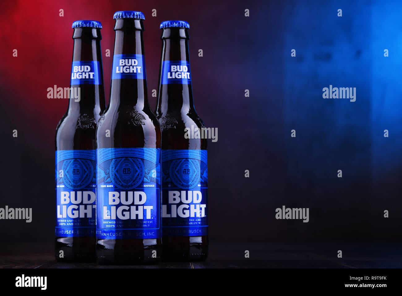 POZNAN, POL NOV 29, 2018 Bottles of Bud Light beer, an American