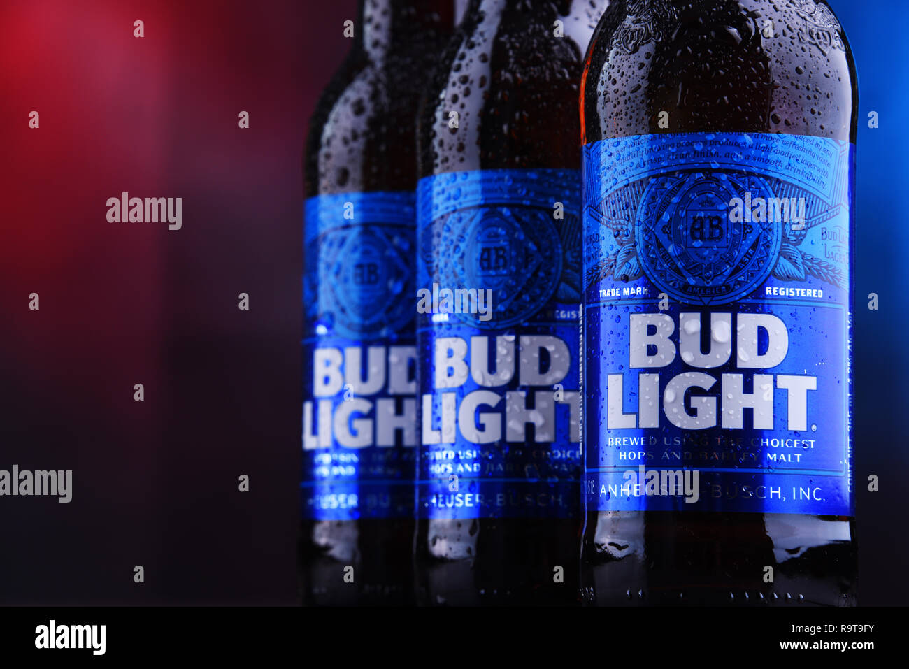 POZNAN, POL NOV 29, 2018 Bottles of Bud Light beer, an American