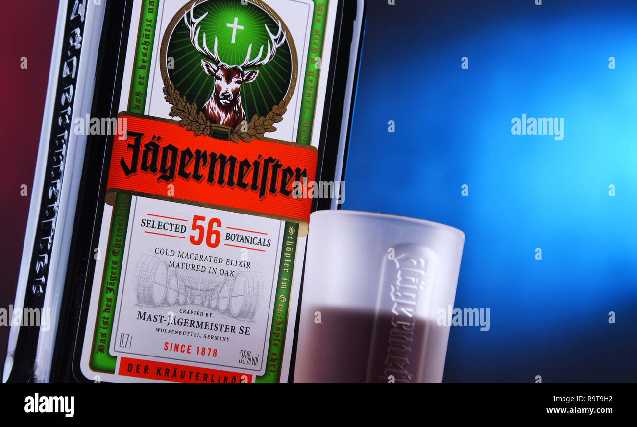 POZNAN, POLAND NOV 29, 2018 Bottle of Jagermeister, German digestif made with 56 herbs and