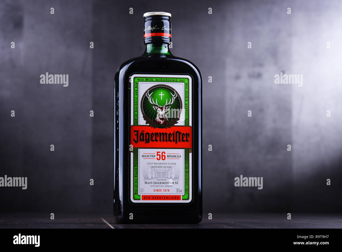 POZNAN, POLAND NOV 29, 2018 Bottle of Jagermeister, German digestif
