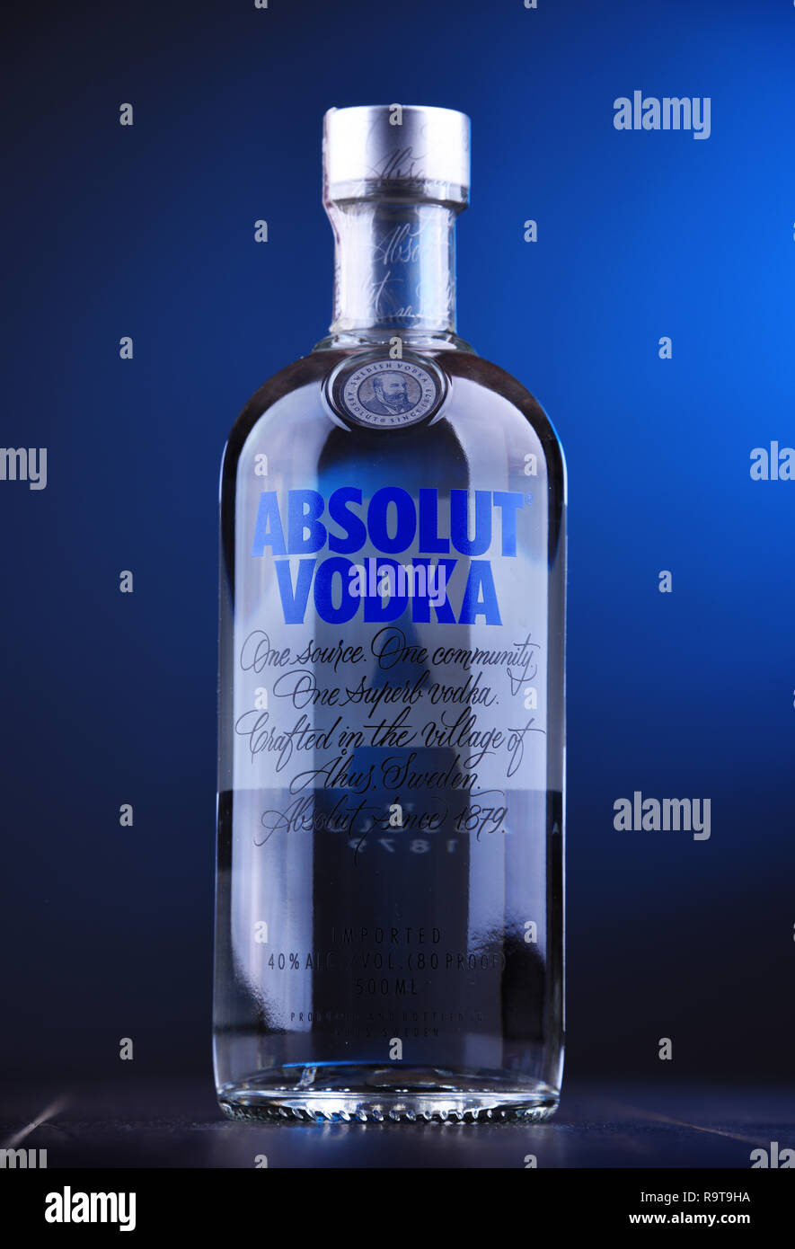 POZNAN, POL NOV 29, 2018 Bottle of Absolut Vodka, a brand of vodka