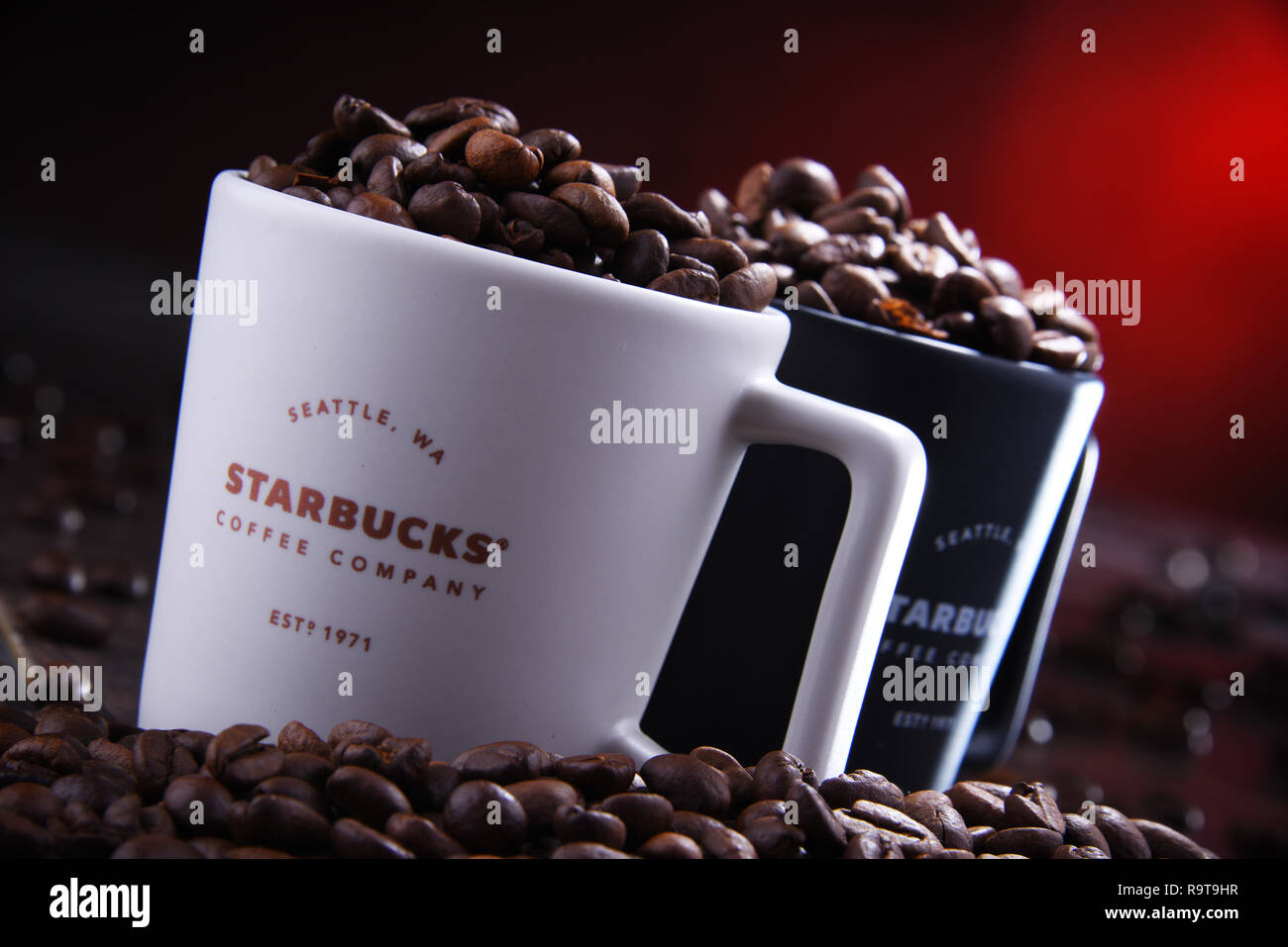POZNAN, POL - NOV 29, 2018: Cups of Starbucks, coffee company and coffeehouse chain, founded in Seattle, Wa. USA, in 1971; now the largest business of Stock Photo