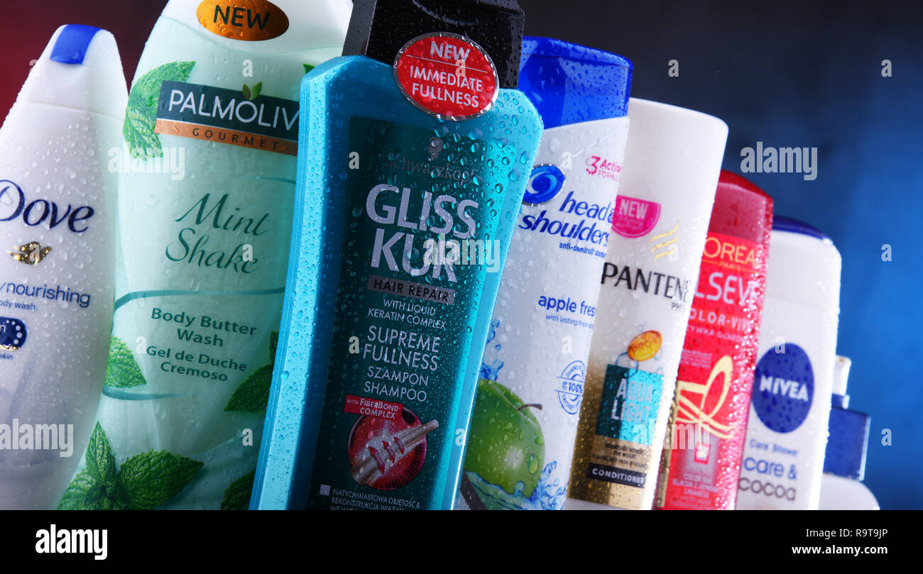 POZNAN, POLAND - DEC 5, 2018: Plastic containers of body care products including widely available most popular global brands as LOreal, Nivea, Dove, P Stock Photo
