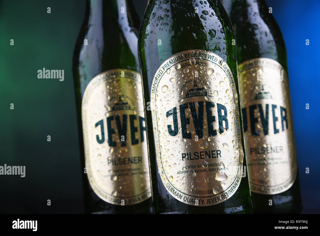 POZNAN, POL - DEC 12, 2018: Bottles Jever, a popular brand of beer produced by Friesisches Brauhaus in Jever, Friesland in Lower Saxony, Germany Stock Photo