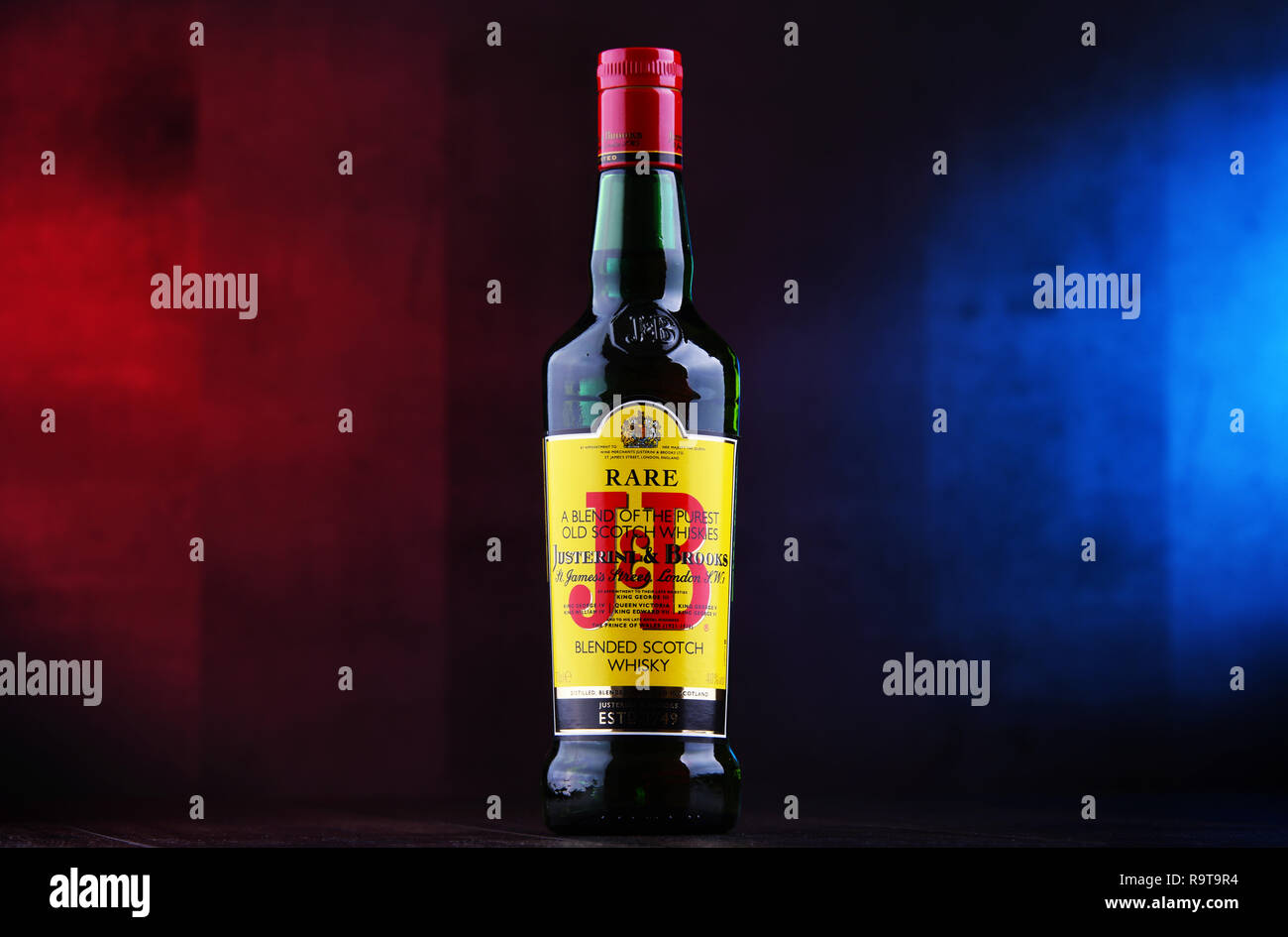 POZNAN, POL - DEC 12, 2018: Bottle of J&B Rare blended Scotch whisky, a product of Justerini & Brooks Ltd. fine wine and spirits merchant who have bee Stock Photo