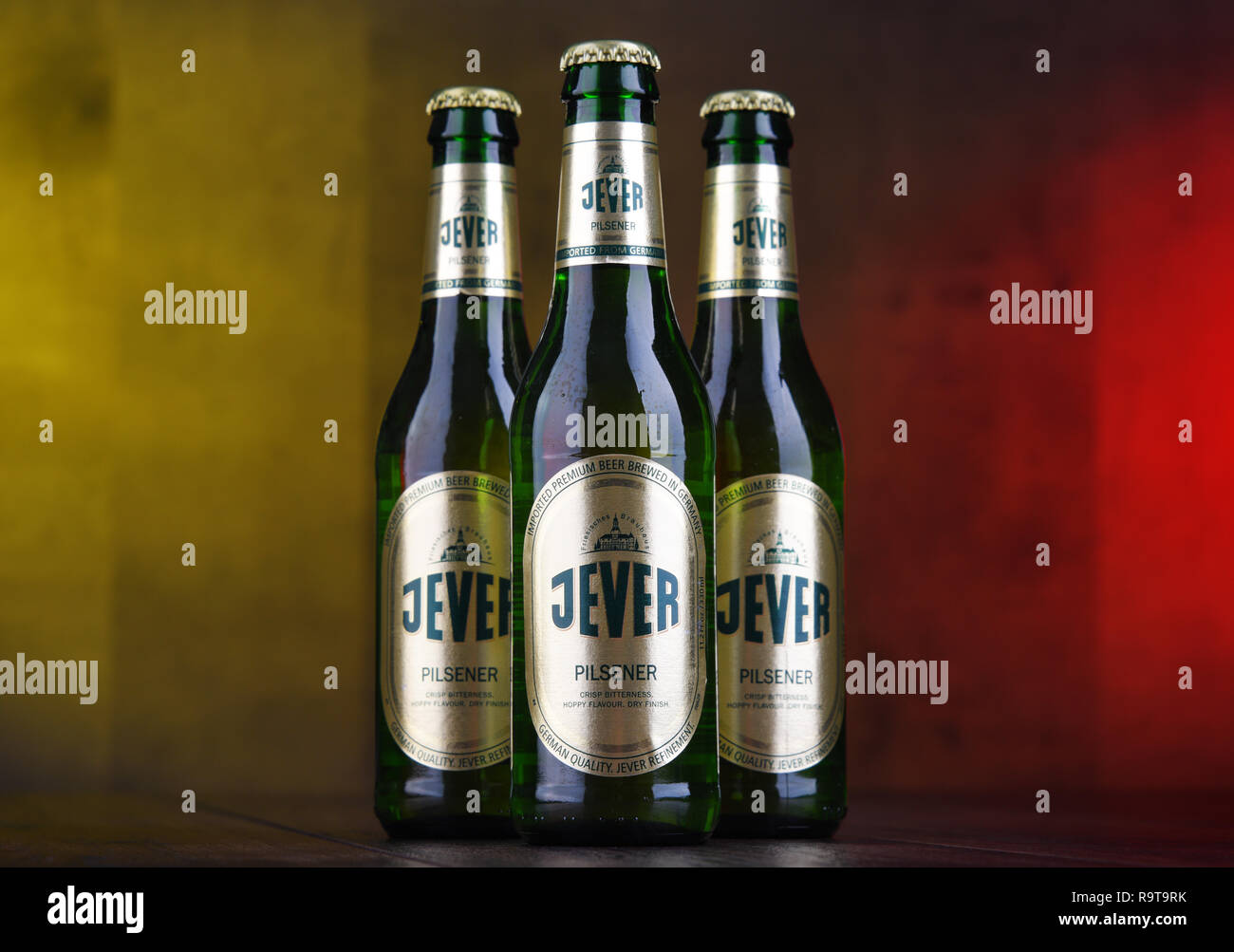 POZNAN, POL - DEC 12, 2018: Bottles Jever, a popular brand of beer produced by Friesisches Brauhaus in Jever, Friesland in Lower Saxony, Germany Stock Photo
