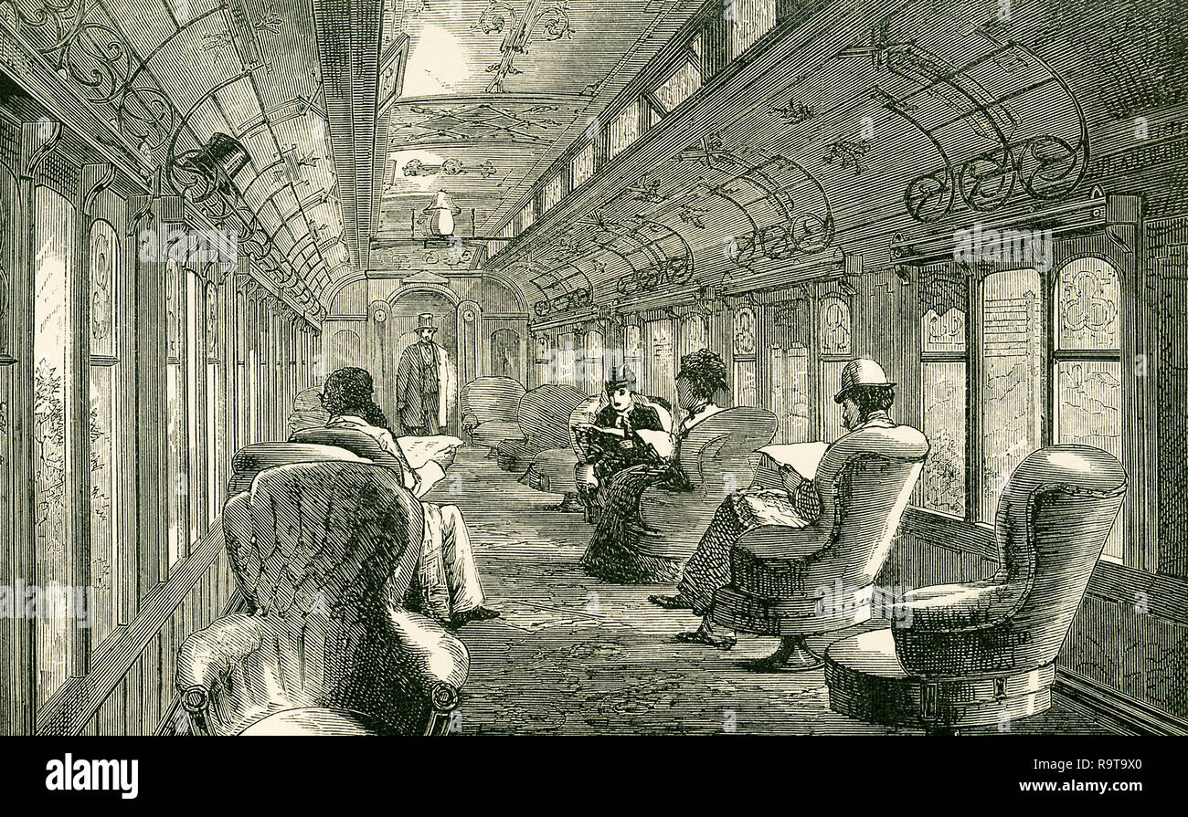 This illustration dates to the 1870s and shows the interior of a Pullman car on the Midland Railway. The Midland Company, who first adopted the Pullman cars, have constructed luxurious vehicles in which every elegance and comfort are placed within the reach of the English traveller, and these improvements are highly appreciated by all who have long journeys to make by day or night. Pullman Cars of another kind, providing sleeping accommodation for night journeys, are also in use on the Midland line, and they are fitted up with the same thoughtful regard to comfort as the Parlour Car. Stock Photo