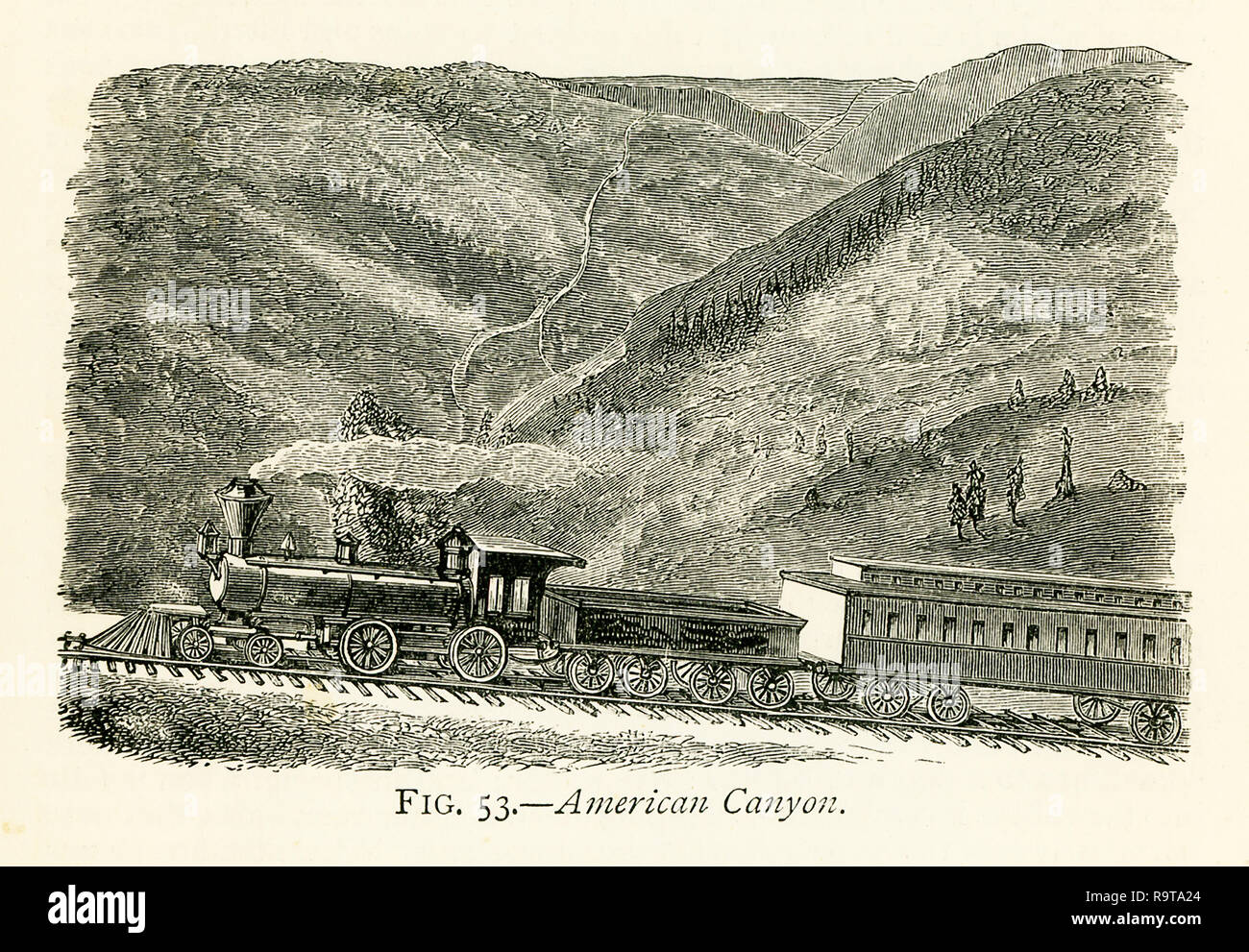 This illustration dates to the 1870s and shows American Canyon. The Sierra Nevada, as the name implies, is a range of rugged wild broken mountain-tops, always covered with snow. From Summit (7,017 ft.) the line descends continuously to Sacramento, which is only 30 ft. above the sea level, and 104 miles from Summit. About 36 miles from Summit, the great American Canyon, one of the wildest gorges in the Sierra Nevada range, is passed. Here the American River is confined for a length of two miles between precipitous walls of rock, 2,000 ft. in height, and so steep that no human foot has ever yet  Stock Photo