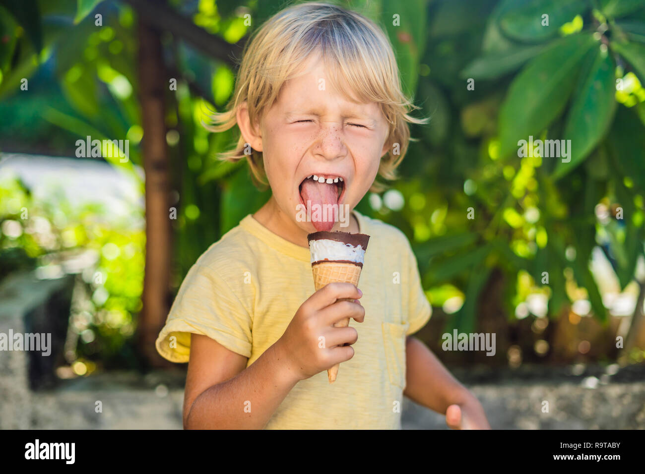 Outdoor portrait of happy boy with ice cream in waffles cone. Cute child holding ice-cream and making gladness face while walking in the park Stock Photo