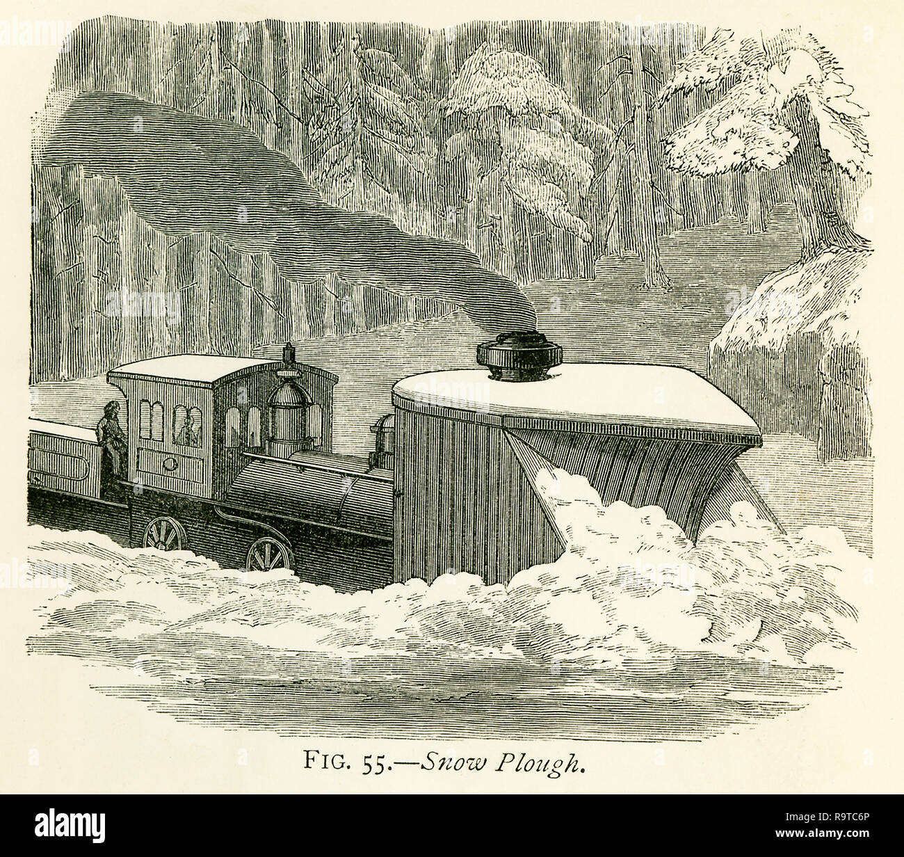 This illustration dates to the 1870s and shows a snow plough (plow) clearing snow on a train track in the Western United States. The requirements of train traffic (in the 18070s) necessitate not only solidly constructed iron-covered snow-sheds, but massive snow-ploughs to throw off the track the deep snow which could in no other way be prevented from interrupting the working of the line. These snow-ploughs are sometimes urged forward with the united power of eight heavy locomotives. The image here represents one of these ploughs cleaning the line, by throwing off the snow on to the sides of th Stock Photo