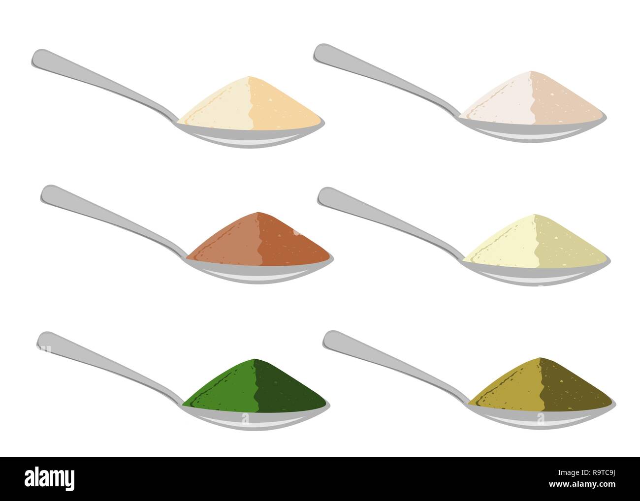 Spoons with differrent sources protein powder. Vector illustration
