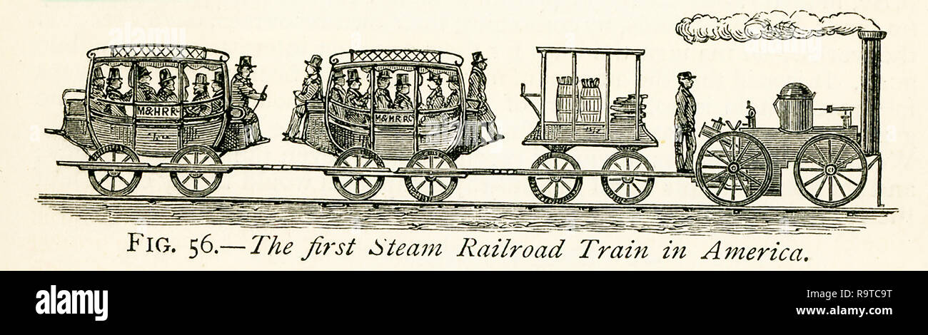 This illustration dates to the 1870s and shows the first steam railroad in America - the United States. The image is from a painting in the possession of the Connecticut Historical Society (in the 1870s), and it represents the first railway train in America on its trial trip (1831), in which sixteen persons took part, who were then thought not a little courageous. Here we see that the carriages were regular stage coaches. This illustration proves that the Americans set out with the same style of carriages; but North America, as compared with the Old World, is par excellence the country of rapi Stock Photo