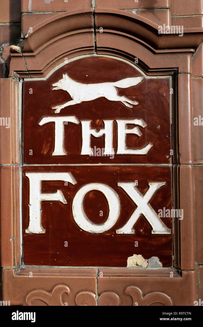 The Fox pub sign tiles on the wall outside The Fox traditional English public house on Paul Street in Shoreditch East London EC2A UK  KATHY DEWITT Stock Photo