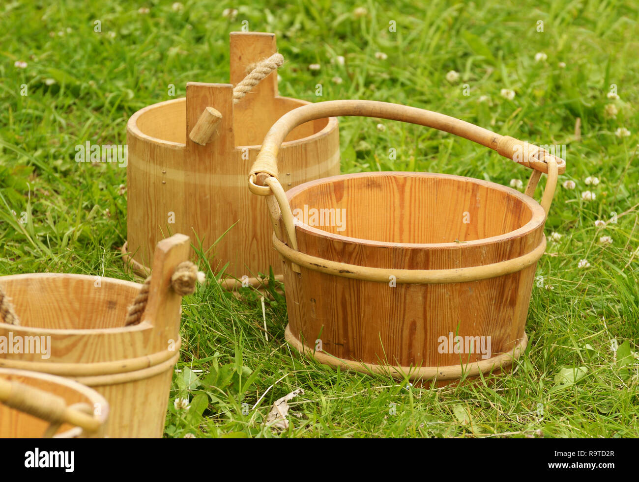 Wooden bucket for water transfer.This is a handmade product Stock Photo