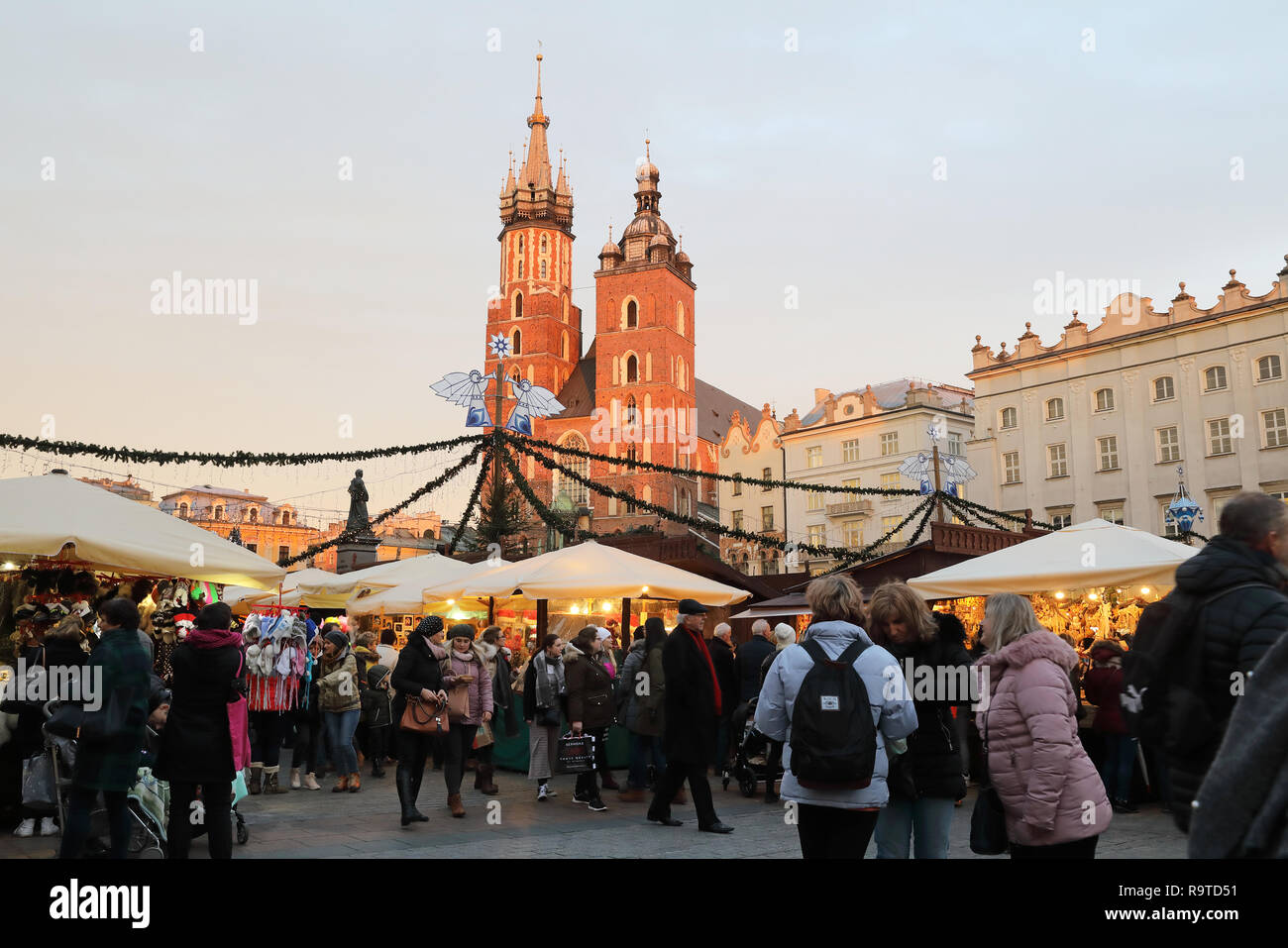 Stalls on the Christmas market in the Main Market Square, in the Old Town in Krakow, Poland Stock Photo