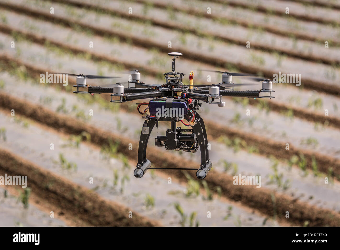 Hexacopter flying oer agricultural land so farmers can review soil and
