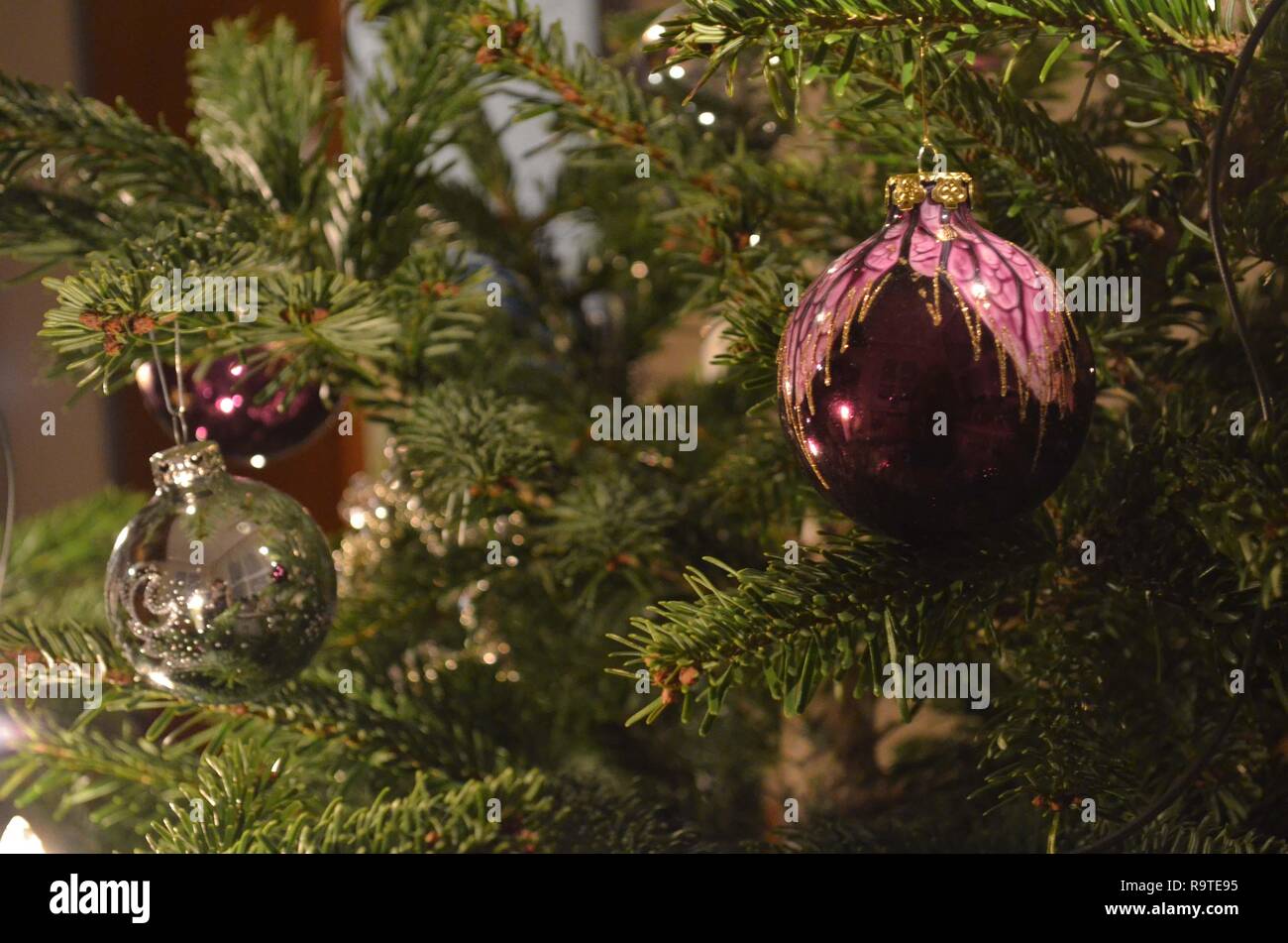 christmas decorations on a tree, purple and silver, ornaments reflecting the light Stock Photo