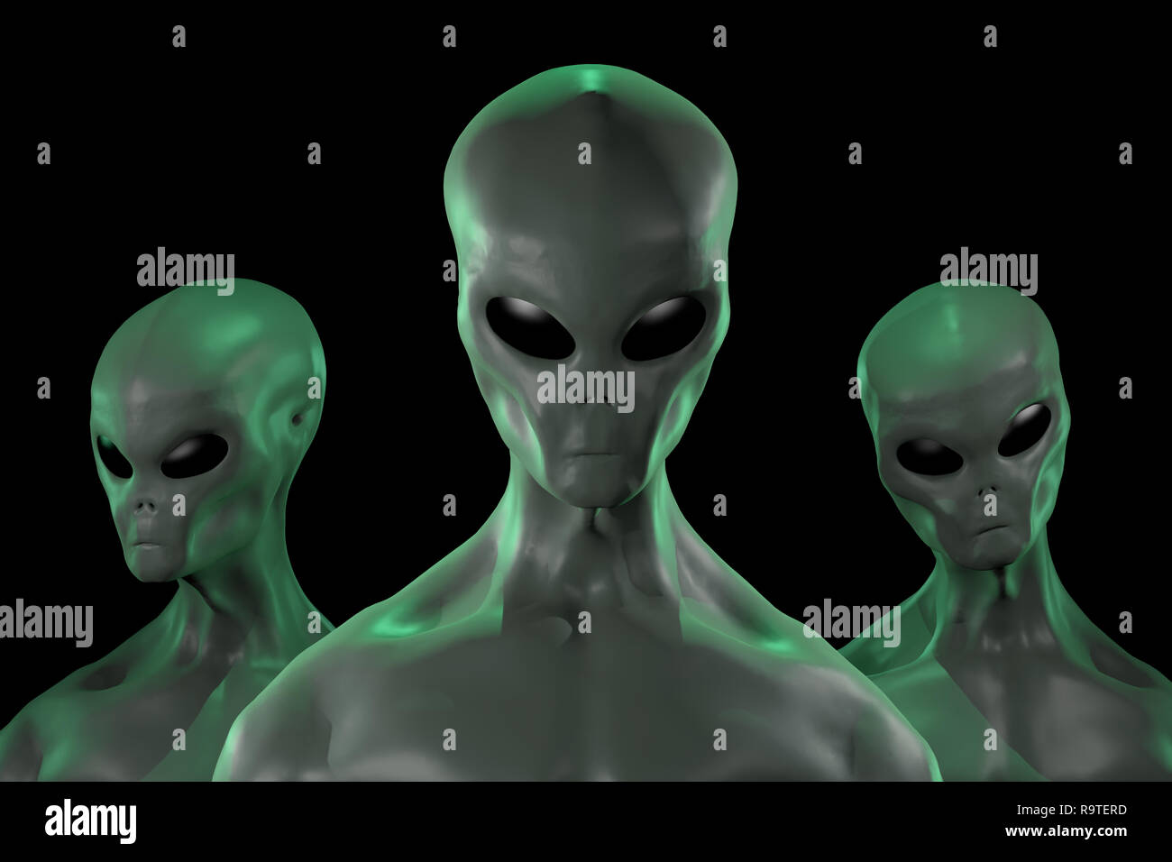 A 3D rendered image of a group of humanoid alien creatures isolated on black background Stock Photo