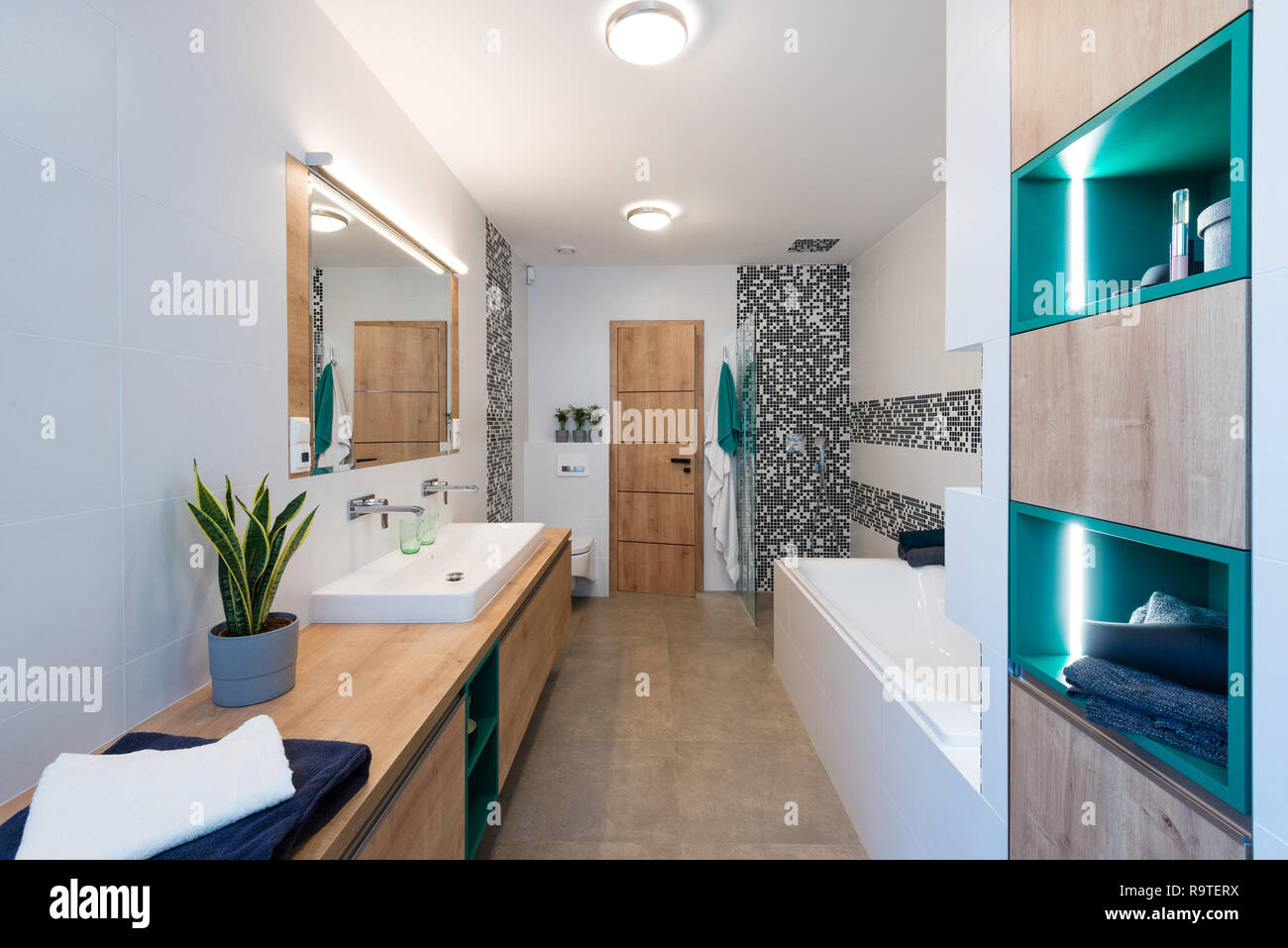 Bathroom Of Modern House With Small Sauna Cabin Bathtub And