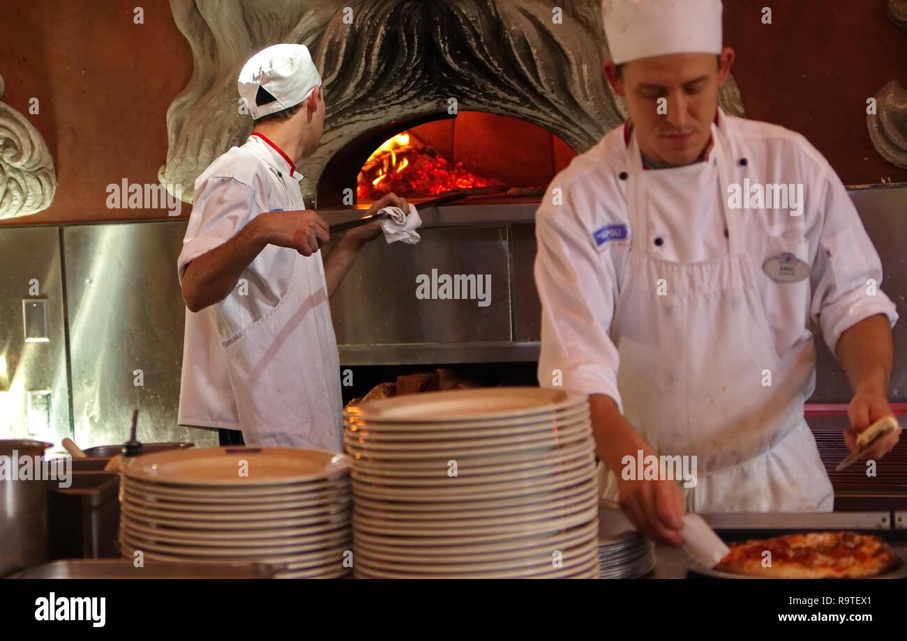 Orlando, FL USA. Feb 2016. Chef preparing wood fired oven with another