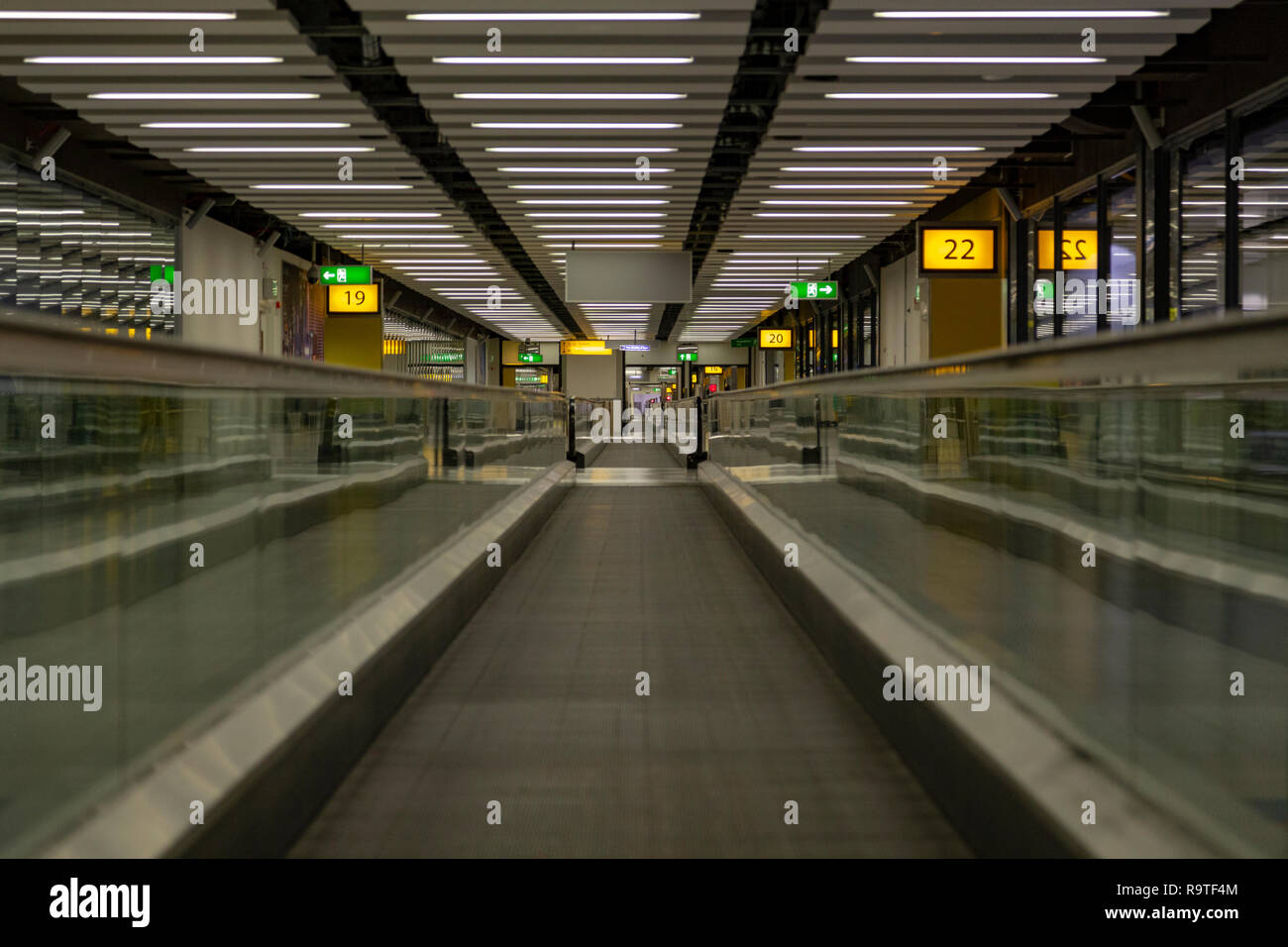 Empty Travelators in the south terminal at London's Gatwick Airport, UK Stock Photo