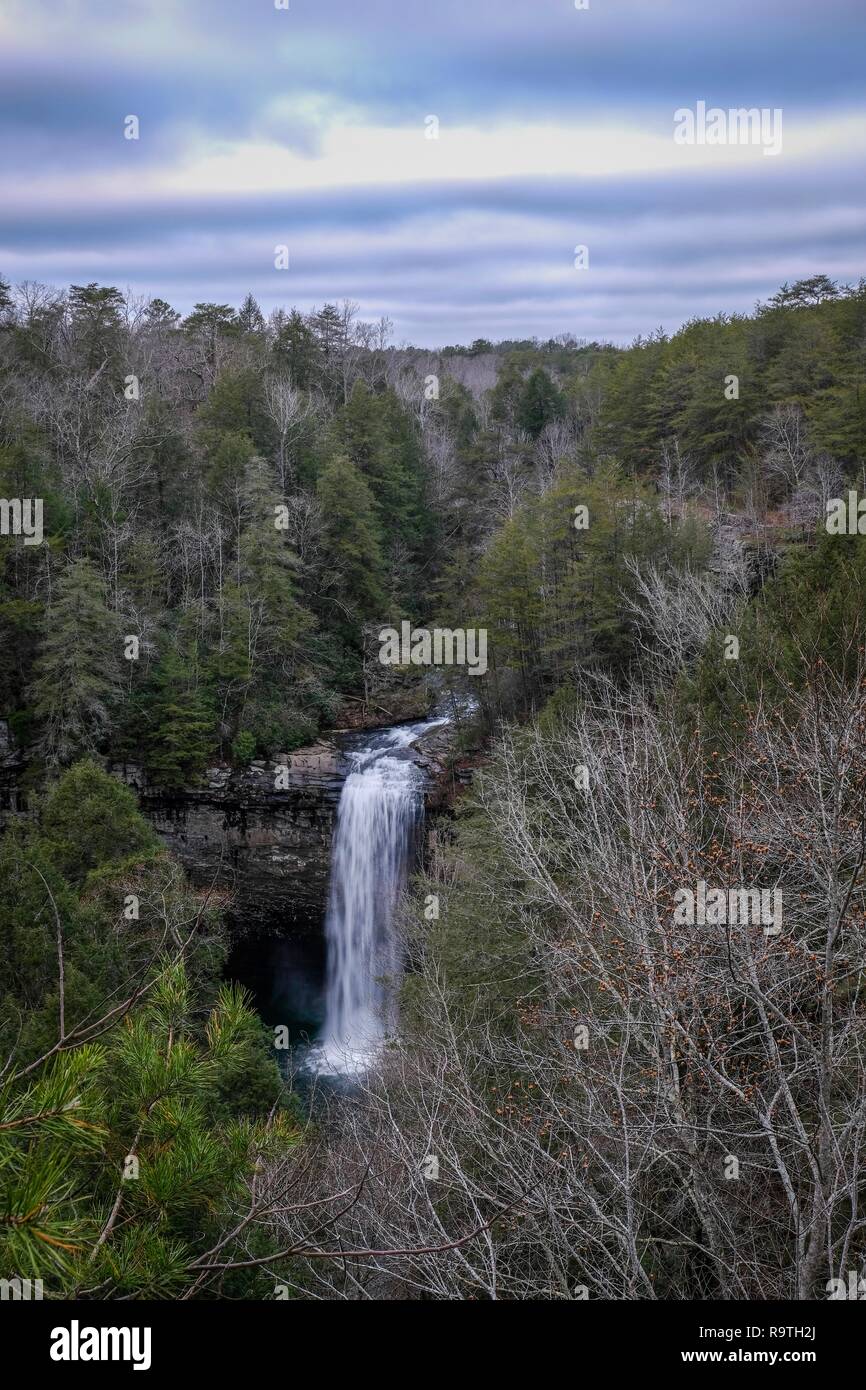 View of Foster Falls from a ridge on a cloudy morning along the Fiery 