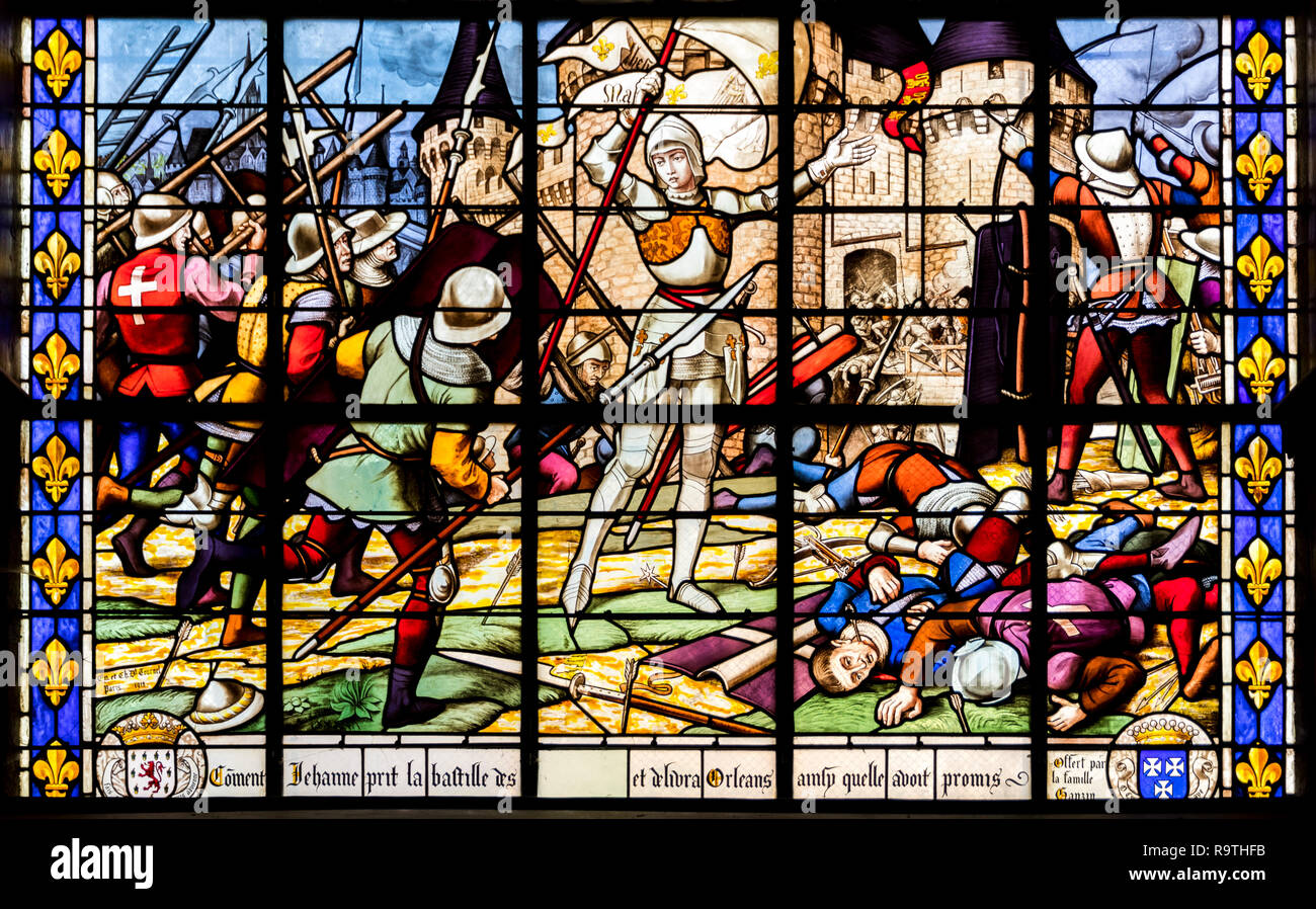 Fougeres, France. Stained glass window representing Joan of Arc after