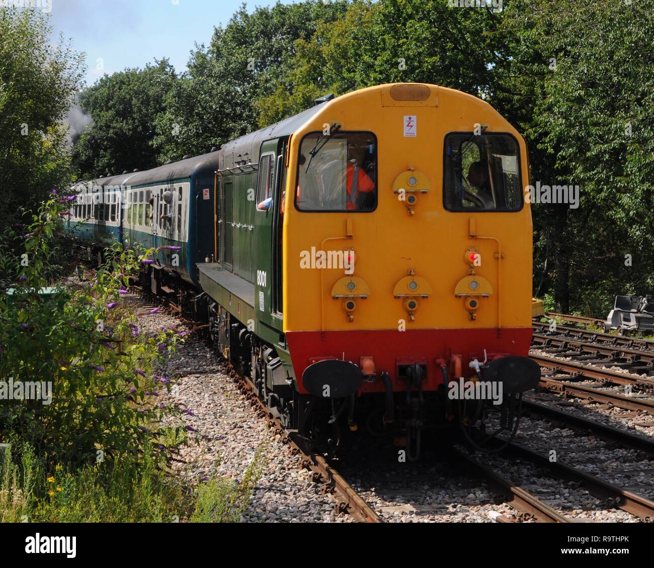 British Railways Class 20 diesel-electric locomotive D8001 leaving North Weald Station, Epping Ongar Railway, Essex, UK. Stock Photo