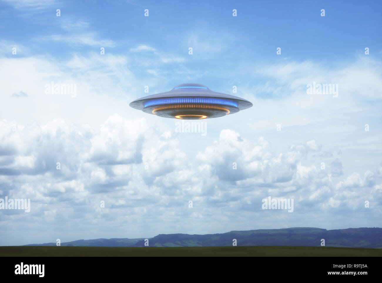 Unidentified flying object UFO in cloudy blue sky. 3D illustration in real picture. Stock Photo