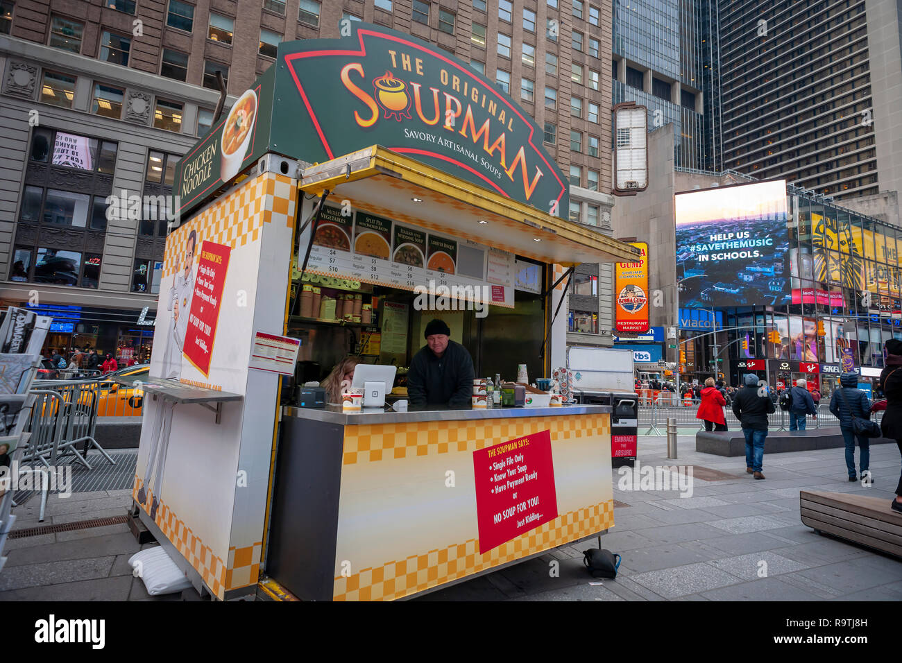New York,NY/USA-December 17, 2018 The kiosk of the Original Soupman serves soup for you in Times Square in New York on Monday, December 17, 2018. The presence in Times Square is its first brick-and-mortar store since emerging from bankruptcy with new owners. The company also supplies New York City public schools and is available in many delis and supermarkets. (© Richard B. Levine) Stock Photo