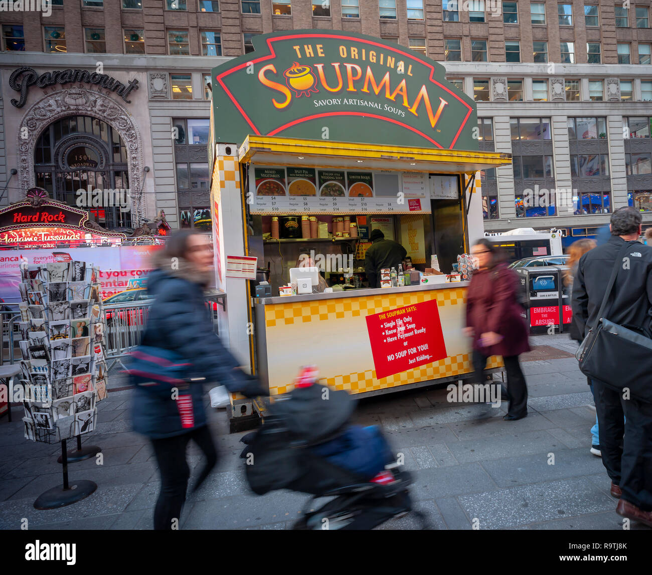 New York,NY/USA-December 17, 2018 The kiosk of the Original Soupman serves soup for you in Times Square in New York on Monday, December 17, 2018. The presence in Times Square is its first brick-and-mortar store since emerging from bankruptcy with new owners. The company also supplies New York City public schools and is available in many delis and supermarkets. (Â© Richard B. Levine) Stock Photo