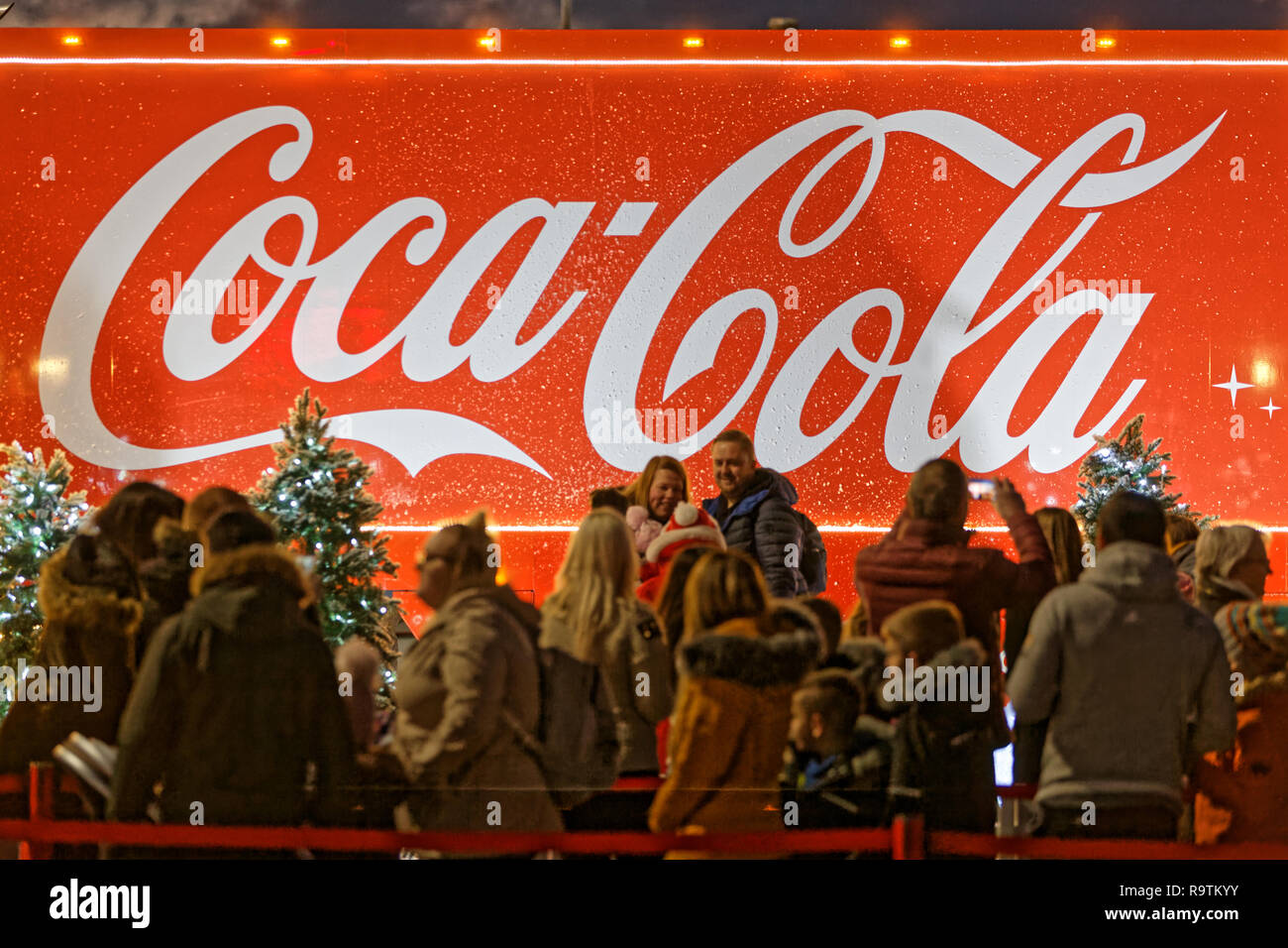 The red Coca Cola truck at the carpark of Tesco supermarket in the Llansamlet area of Swansea, Wales, UK. Wednesday 21 November 2018 Stock Photo