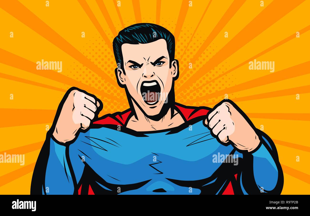 Superhero with fists. Pop art retro comic style. Cartoon vector ...