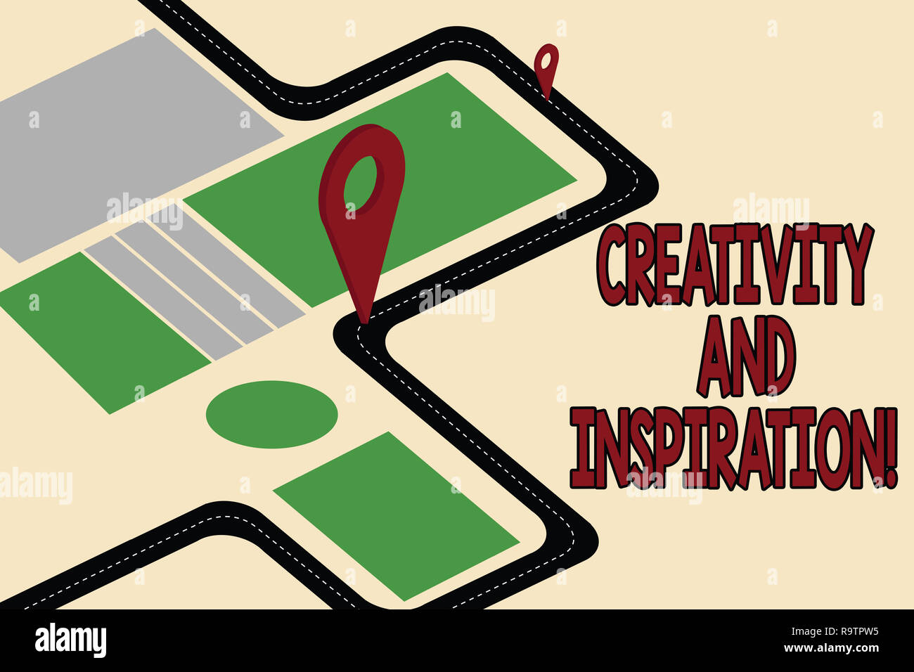 Handwriting text Creativity And Inspiration. Concept meaning strategy used to make decisions and foster ideas Road Map Navigation Marker 3D Locator Pi Stock Photo