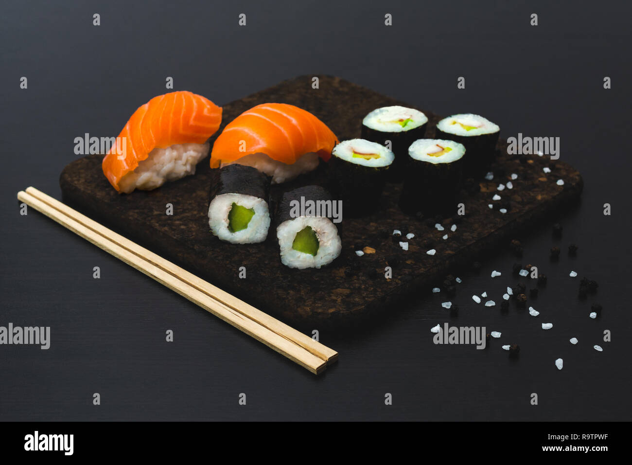 Sushi On Plate With Chopsticks And Decoration Stock Photo