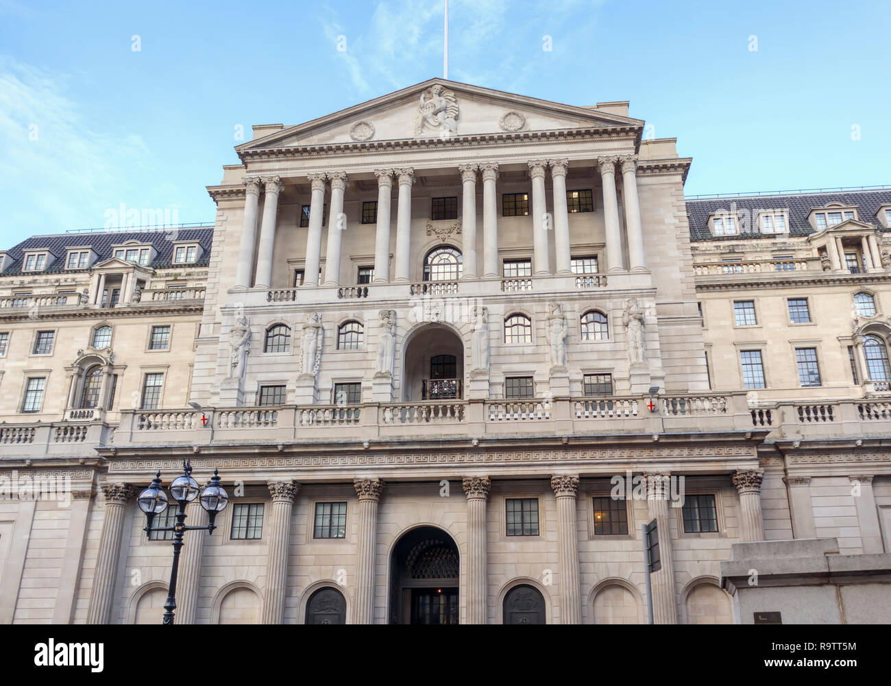 Portico entrance, facade and exterior of The Bank of England in Threadneedle Street, City of