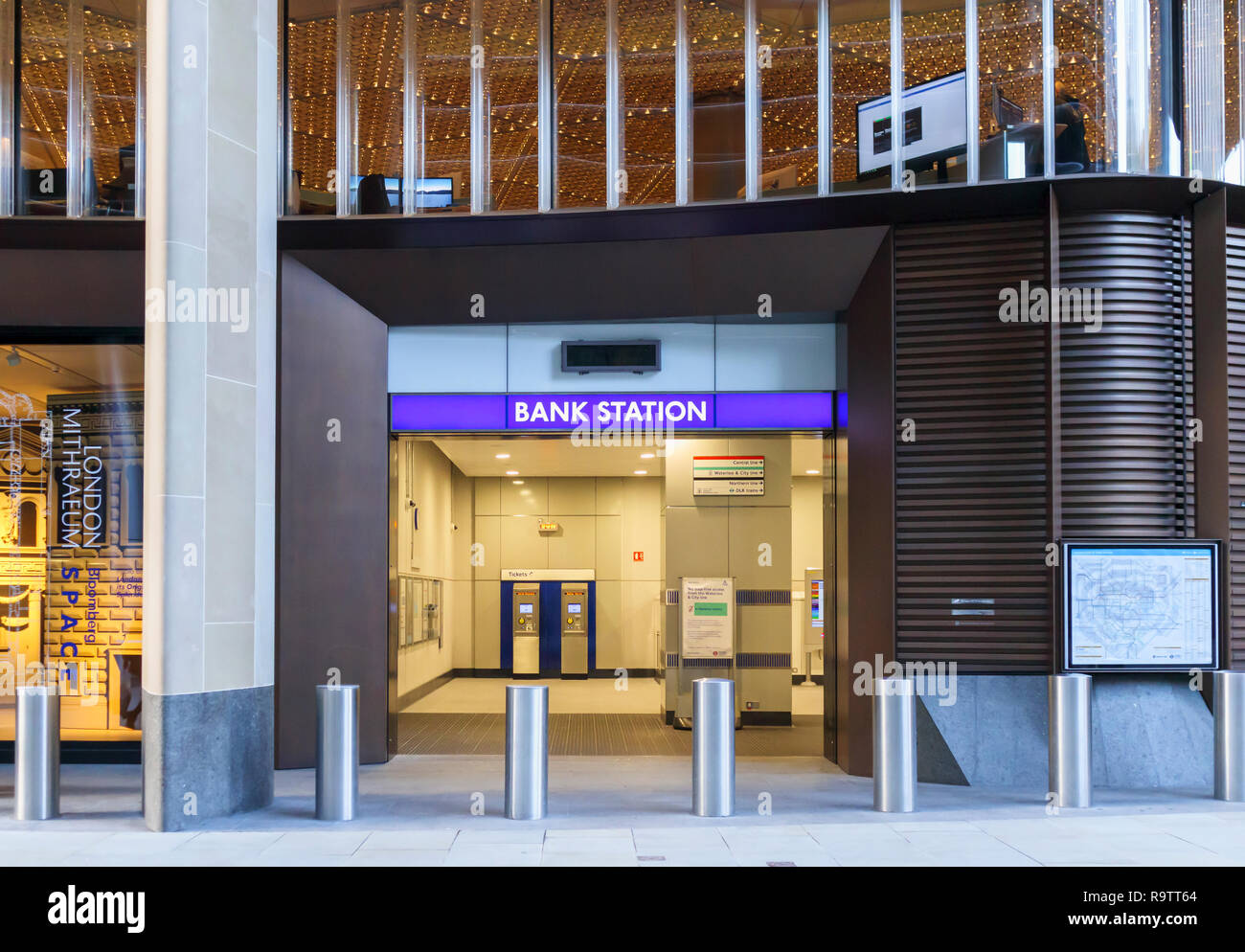 Illuminated name sign at the new entrance to Bank Tube Station under the Bloomberg building in Walbrook, London EC4 Stock Photo