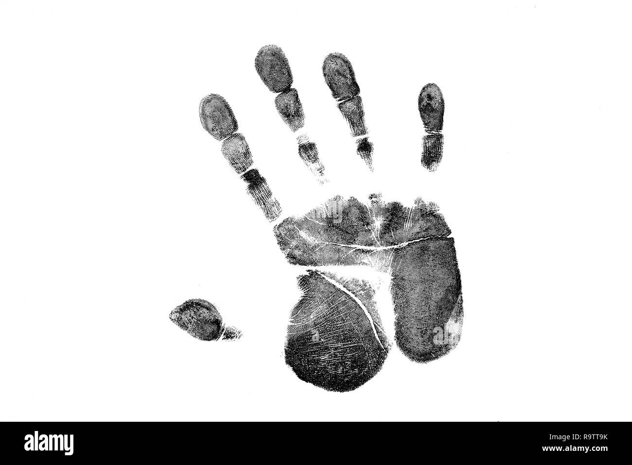 Black prints of hand on transparent paper. Black hand print. Isolated on white. Stock Photo
