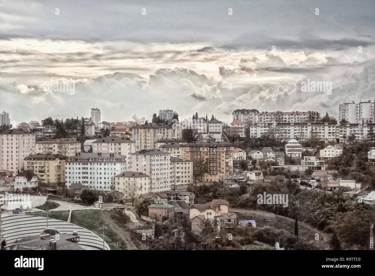 Beautiful sky after sunset on Strawberry Street in New Sochi in the evening Stock Photo