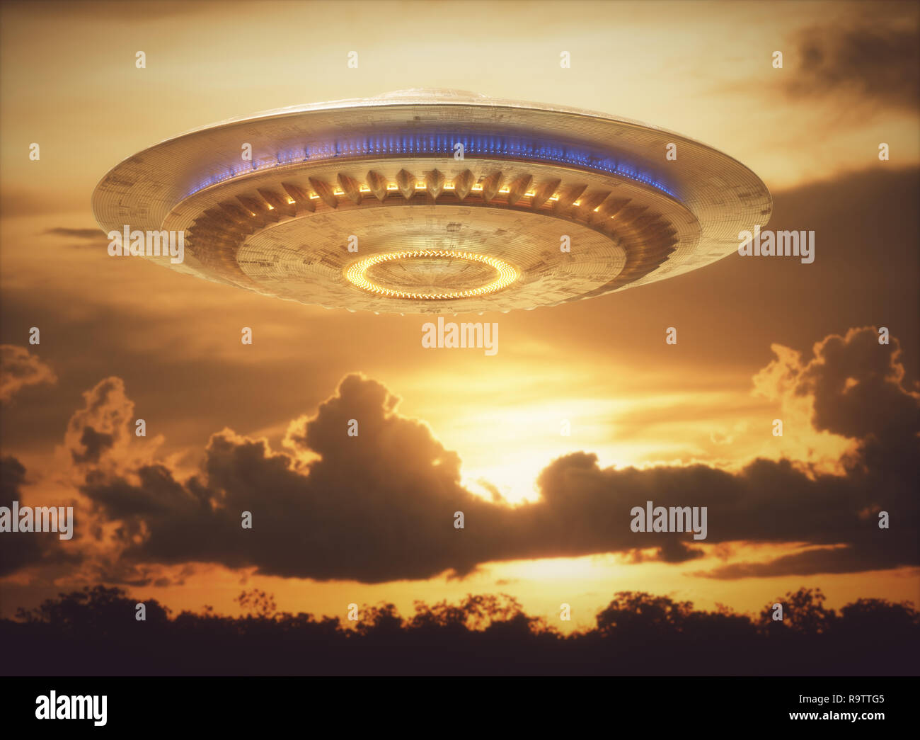 Unidentified flying object, UFO with the sunset in the background. Clipping path included. Stock Photo