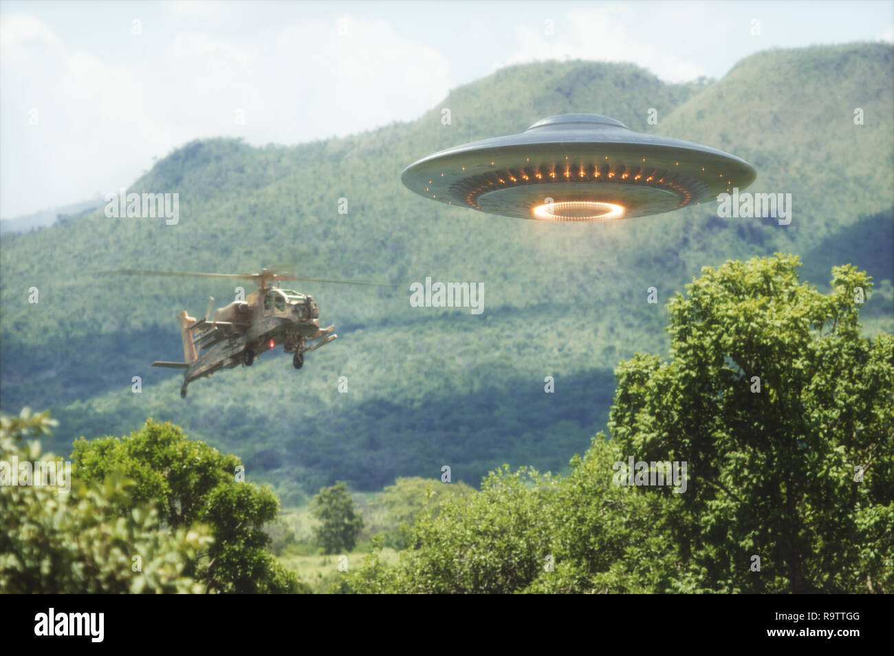 Military helicopter intercepting an unidentified flying object. Concept image of non-pacific invasion of beings from other planets. Stock Photo