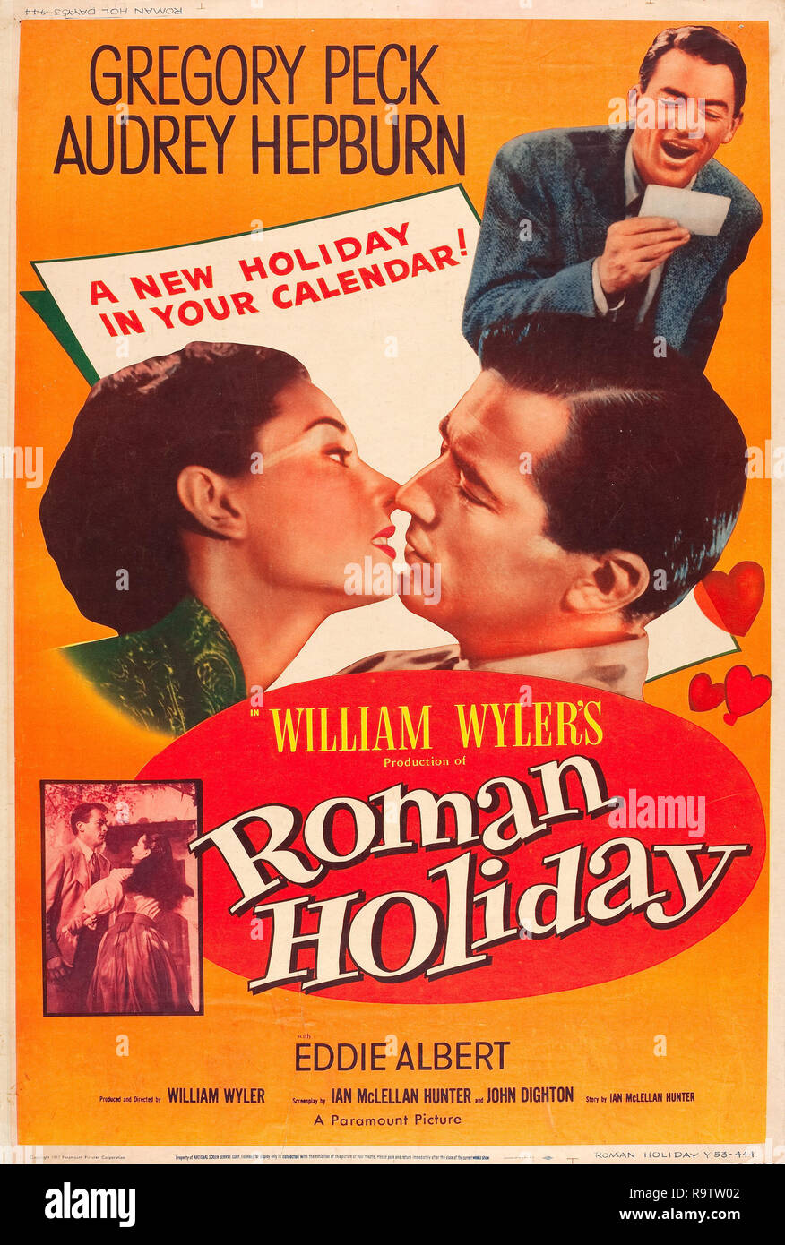 Roman Holiday (Paramount, 1953). Poster  Gregory Peck, Audrey Hepburn File Reference # 33635 911THA Stock Photo
