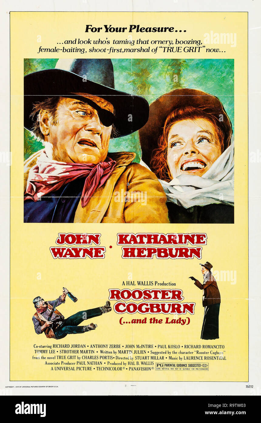 Rooster Cogburn (Universal, 1975) Poster  John Wayne, Katharine Hepburn File Reference # 33635 912THA Stock Photo