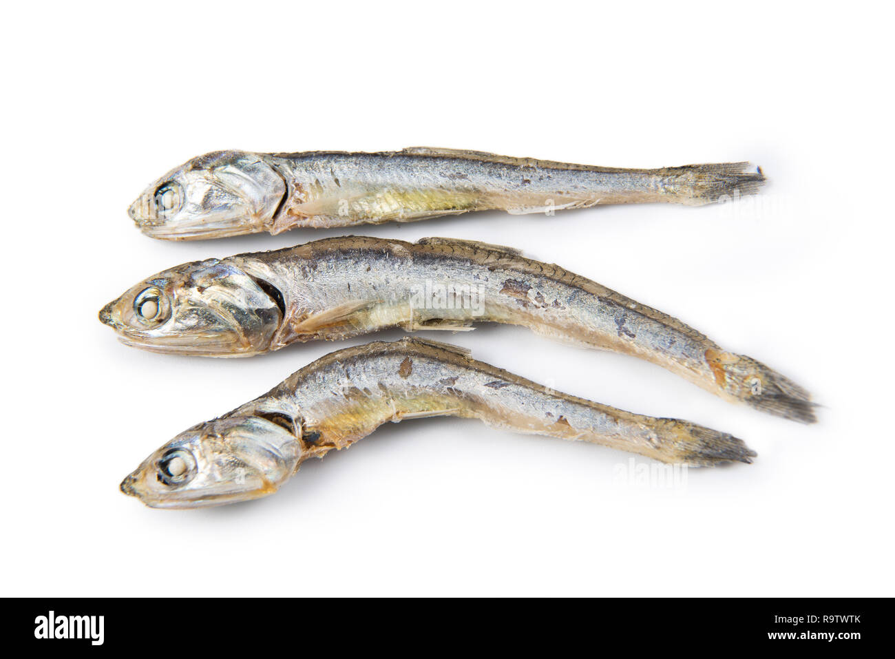 Dried anchovies used in Korean cuisine. Isolated on white background