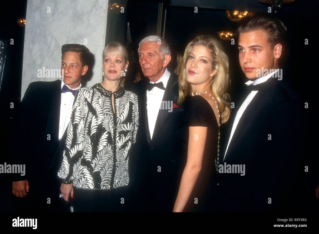 BEVERLY HILLS, CA - JUNE 24: Actor Randy Spelling, Candy Spelling, producer Aaron Spelling, actress Tori Spelling and actor Nick Savalas attend RP International's 20th Annual Vision Awards on June 24, 1993 at the Regent Beverly Wilshire Hotel in Beverly Hills, California. Photo by Barry King/Alamy Stock Photo Stock Photo