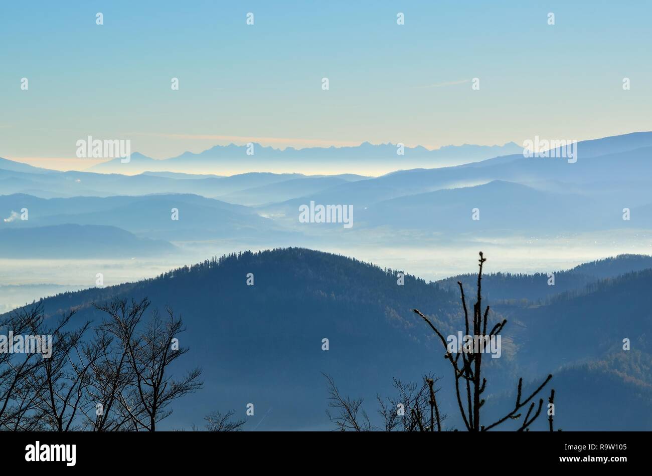 Beautiful mountain landscape. Fog in the valleys in the morning. Stock Photo