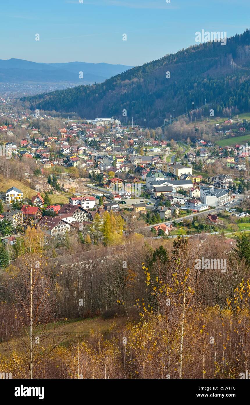 SZCZYRK, POLAND - NOVEMBER 12, 2018: Beautiful mountain town in the valley in Szczyrk, Poland. Stock Photo
