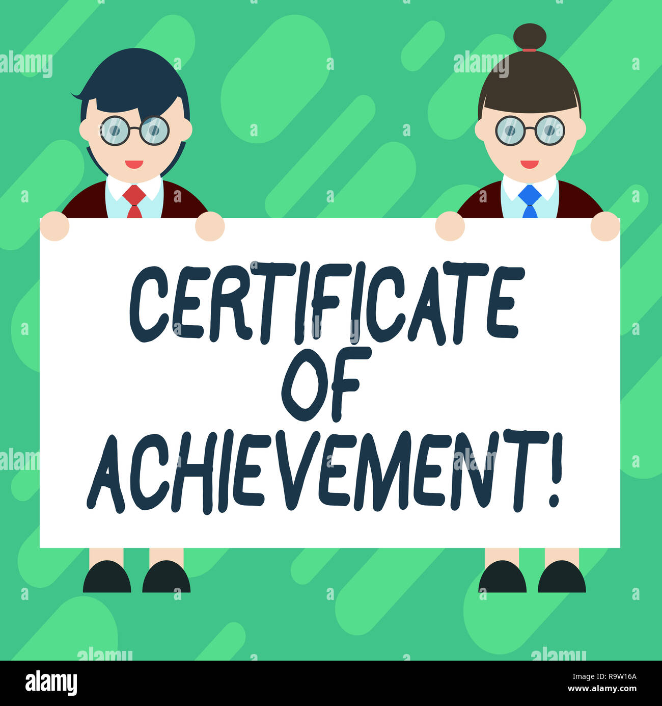 Conceptual hand writing showing Certificate Of Achievement. Business photo showcasing certify that a demonstrating done exceptionally well Male and Fe Stock Photo