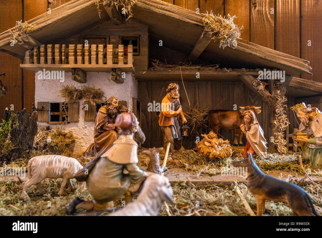 Traditional nativity scene at the Baden-Baden Christmas market,  Baden-Baden, Baden-Wuerttemberg, Germany, Europe Stock Photo